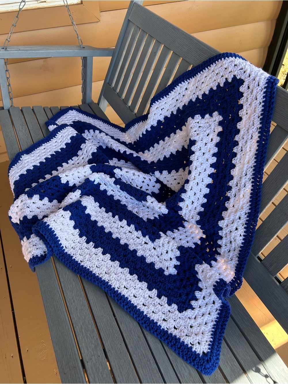 Handmade crochet blue & white throw. Approximate 46x46” very clean
